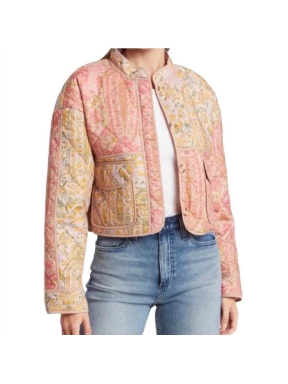 7 For All Mankind Quilted Floral Crop Jacket - Pink & Yellow